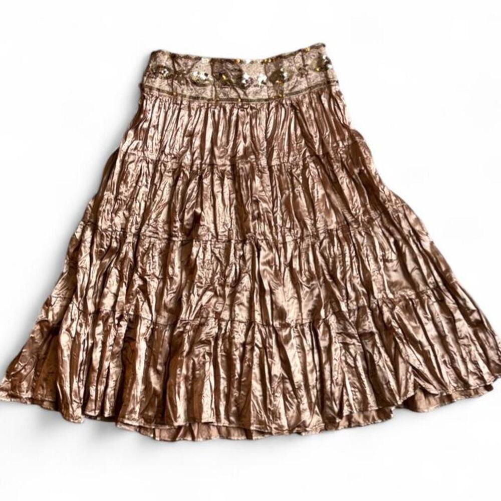 Y2K Bronze Metallic Crinkle Sequin Hem Midi Skirt S/M